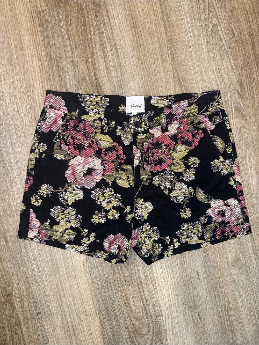 Elwood Black Floral Cotton Shorts Pink Rose Print Size 32